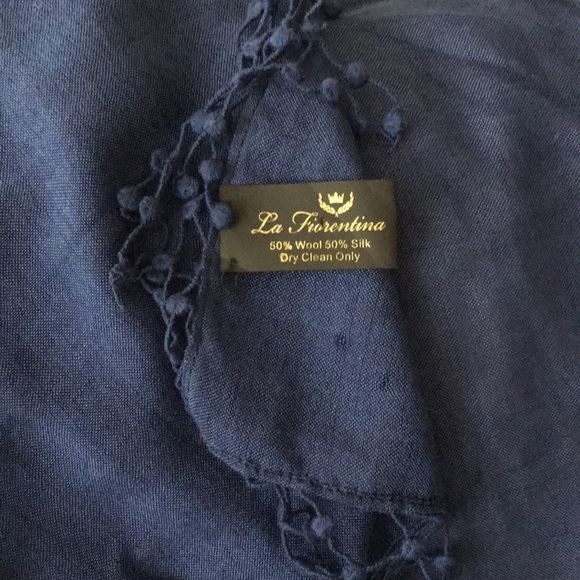 La Fiorentina Navy Blue Silk & Wool Fringe Scarf - Picture 4 of 4
